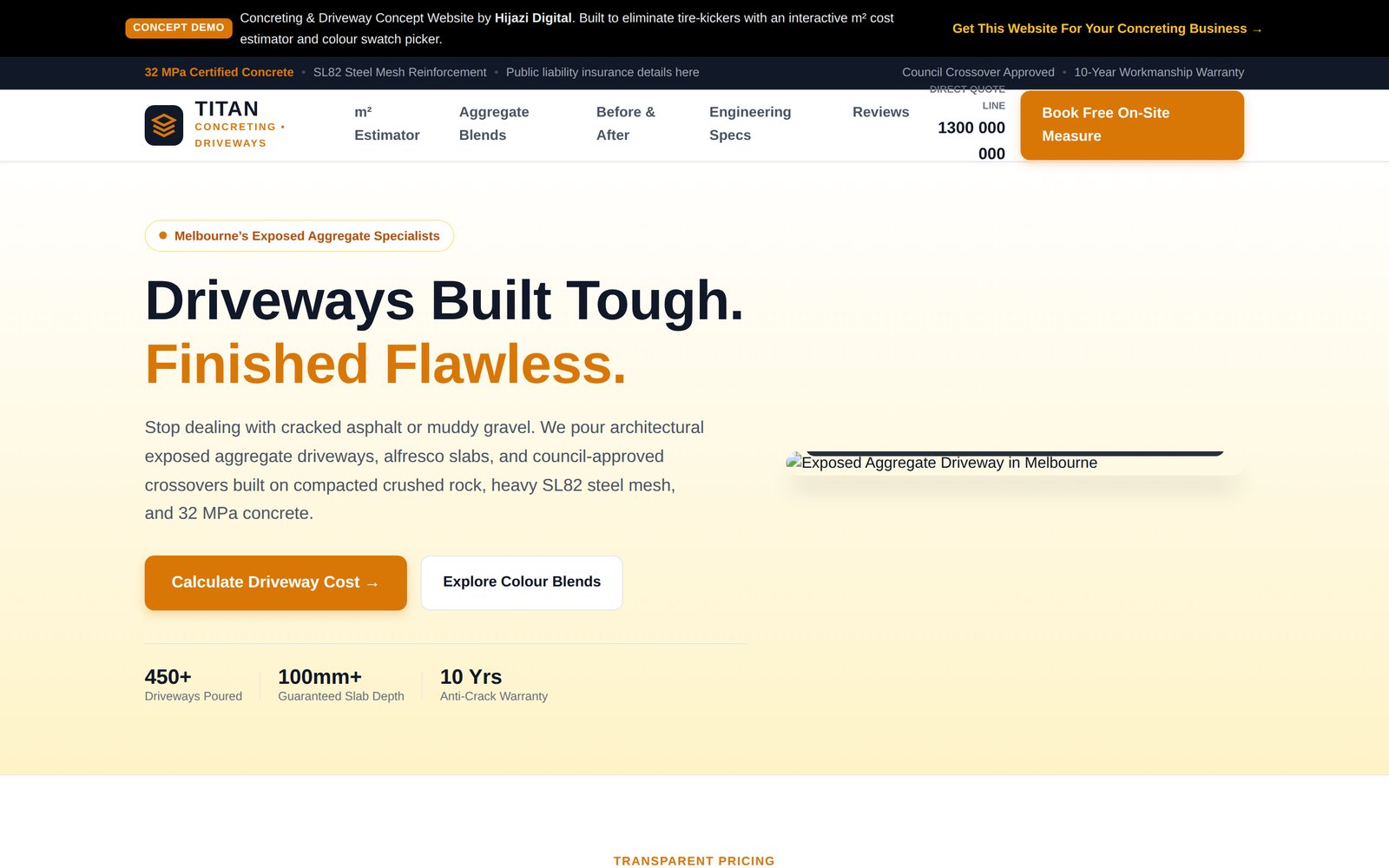 Titan Concreting demo: a driveway concreting homepage with a square-metre estimator.