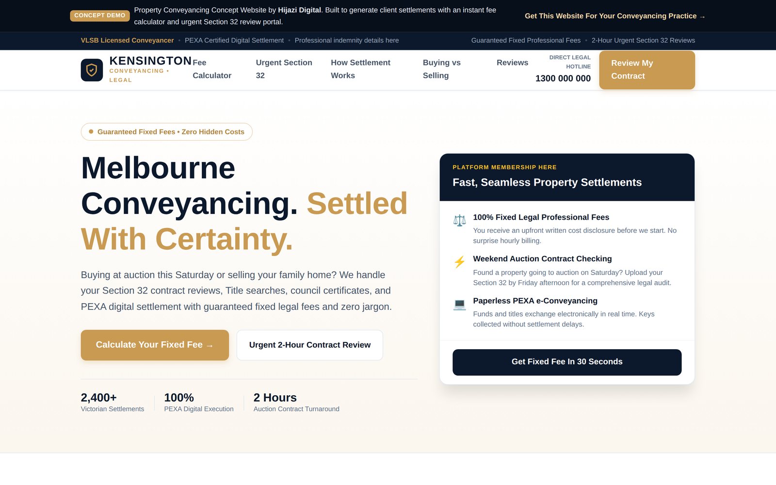 Kensington Conveyancing demo: a conveyancing homepage with a fixed-fee calculator.