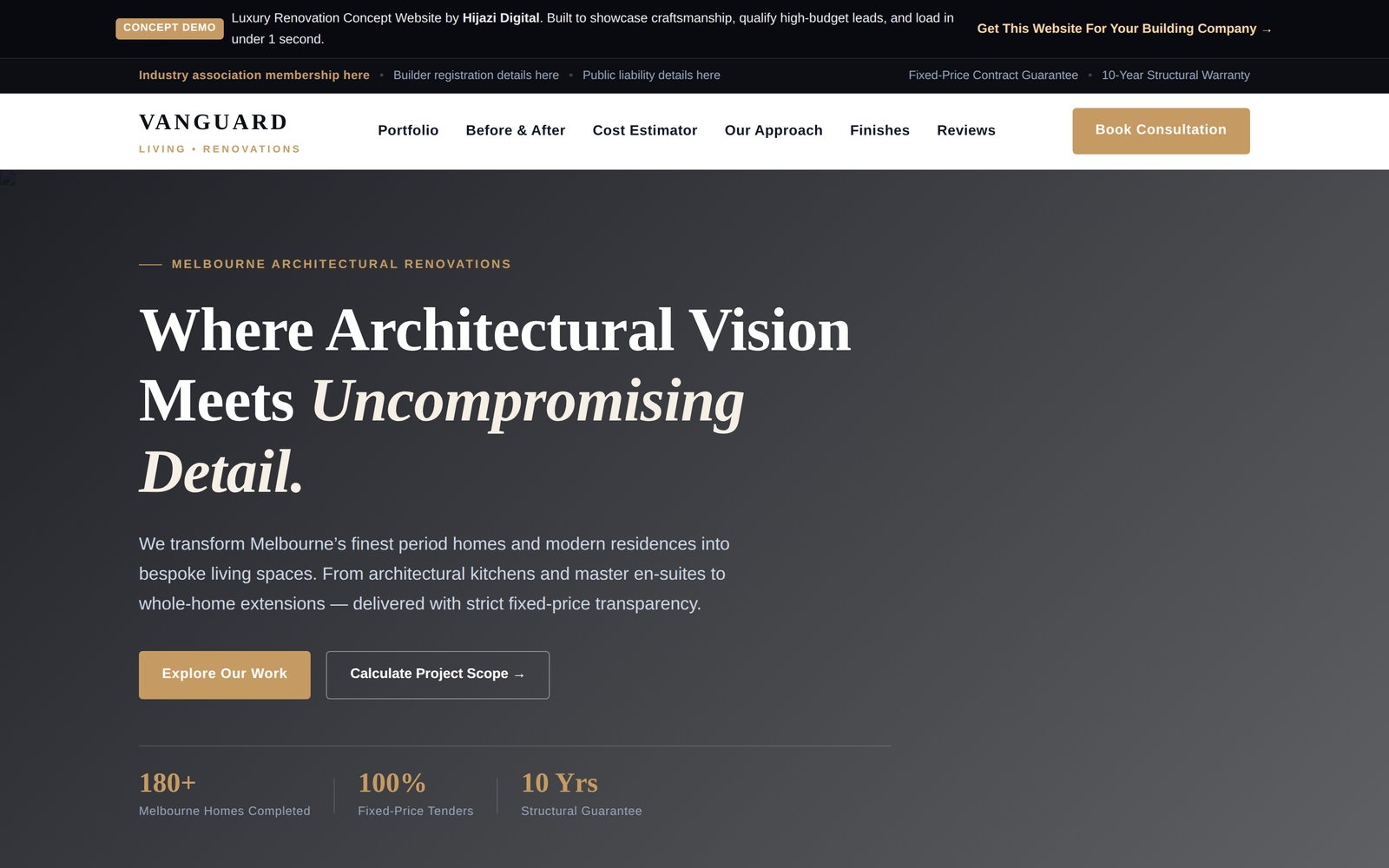 Vanguard Living demo: a luxury renovations homepage with project scopes and a feasibility estimator.