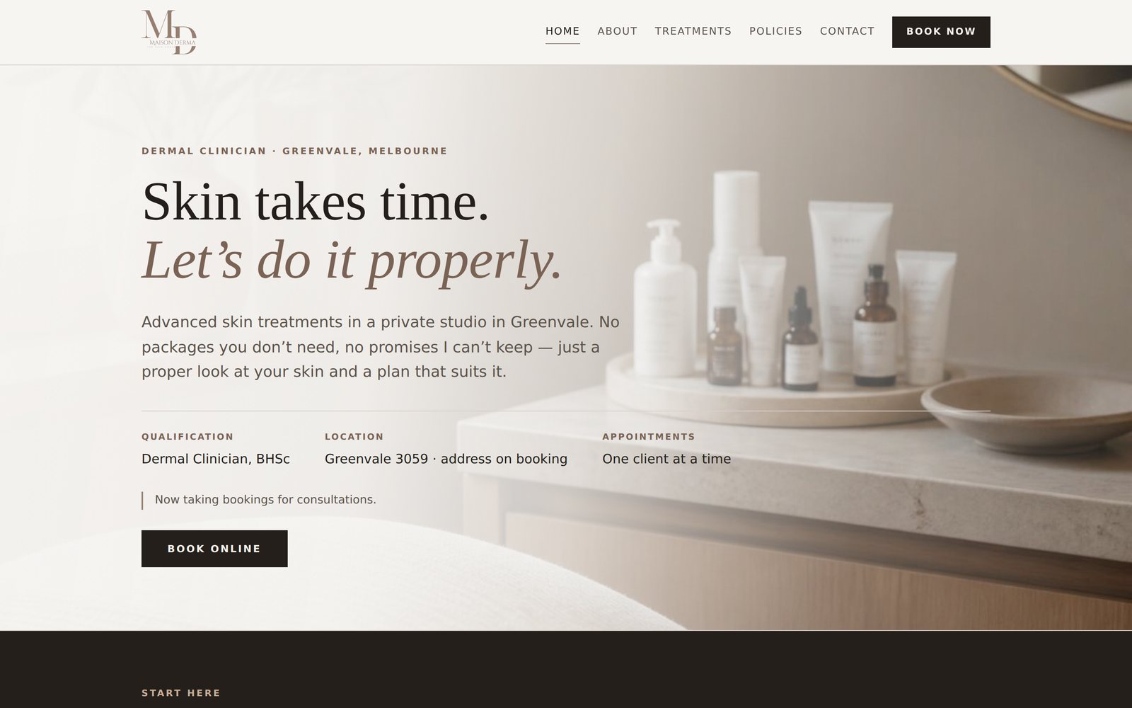The Maison Derma concept website shown on a desktop screen: a skincare clinic homepage with treatment pricing and a booking button.