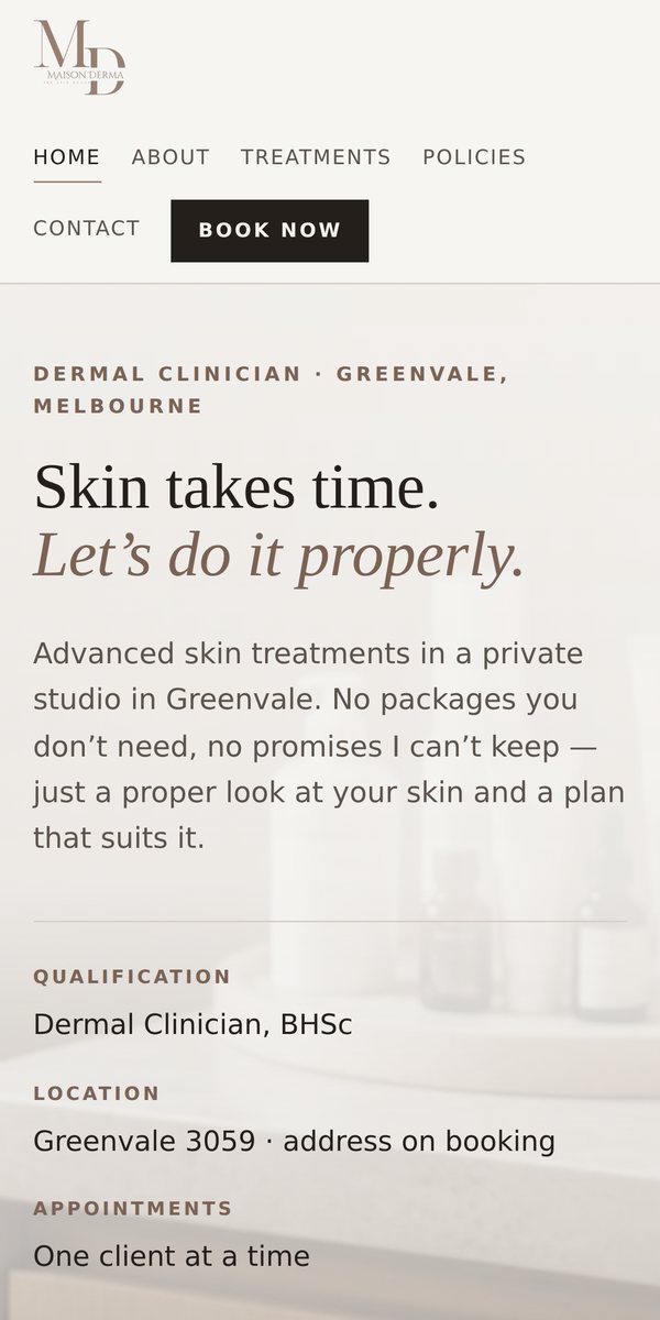 The same Maison Derma concept website shown on a phone screen.