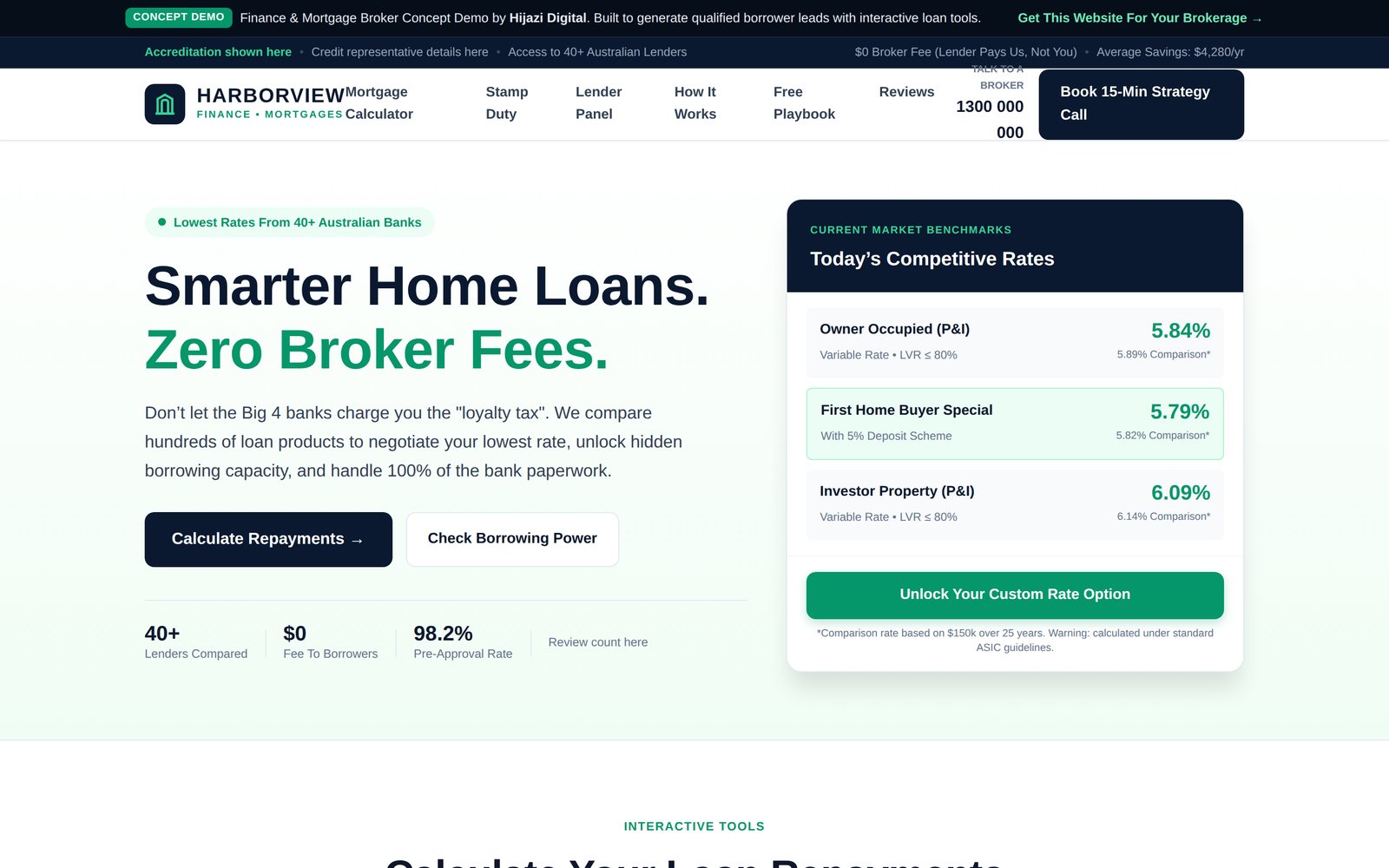 Harborview Finance demo: a mortgage broker homepage with a live rate panel and repayment calculator.