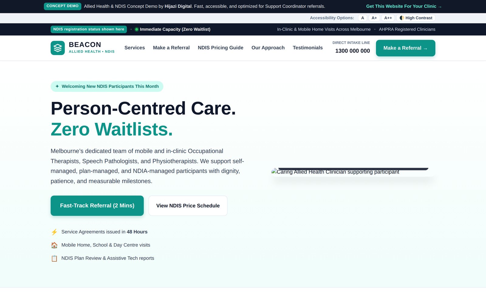 Beacon Allied Health demo: an NDIS allied health homepage with therapy services and a referral flow.
