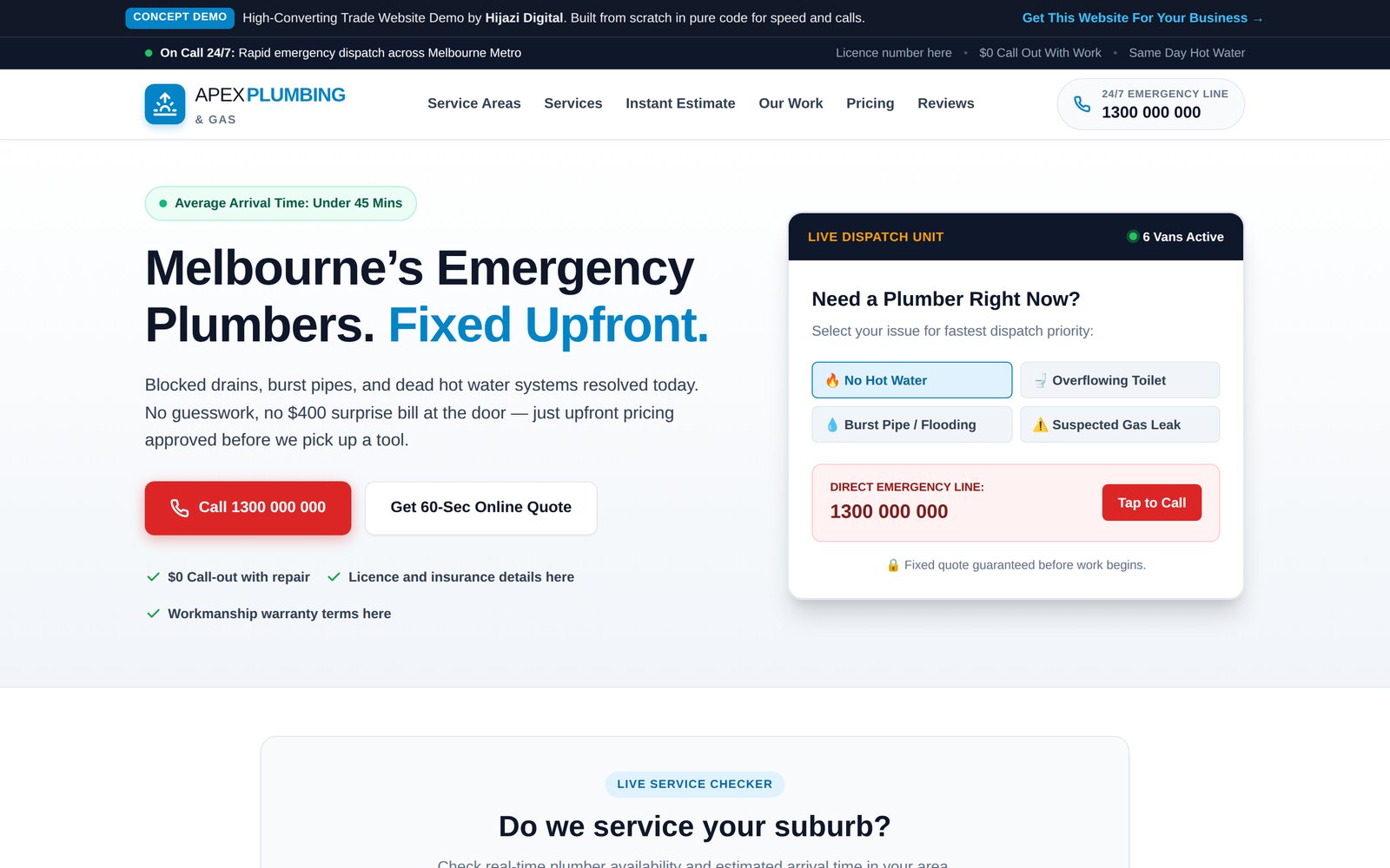 Apex Plumbing demo: an emergency plumbing homepage with service cards and a quote estimator.