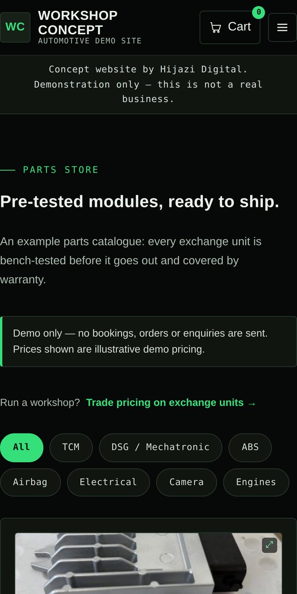 The Workshop Concept online store shown on a phone screen, with product category filters and a parts catalogue.